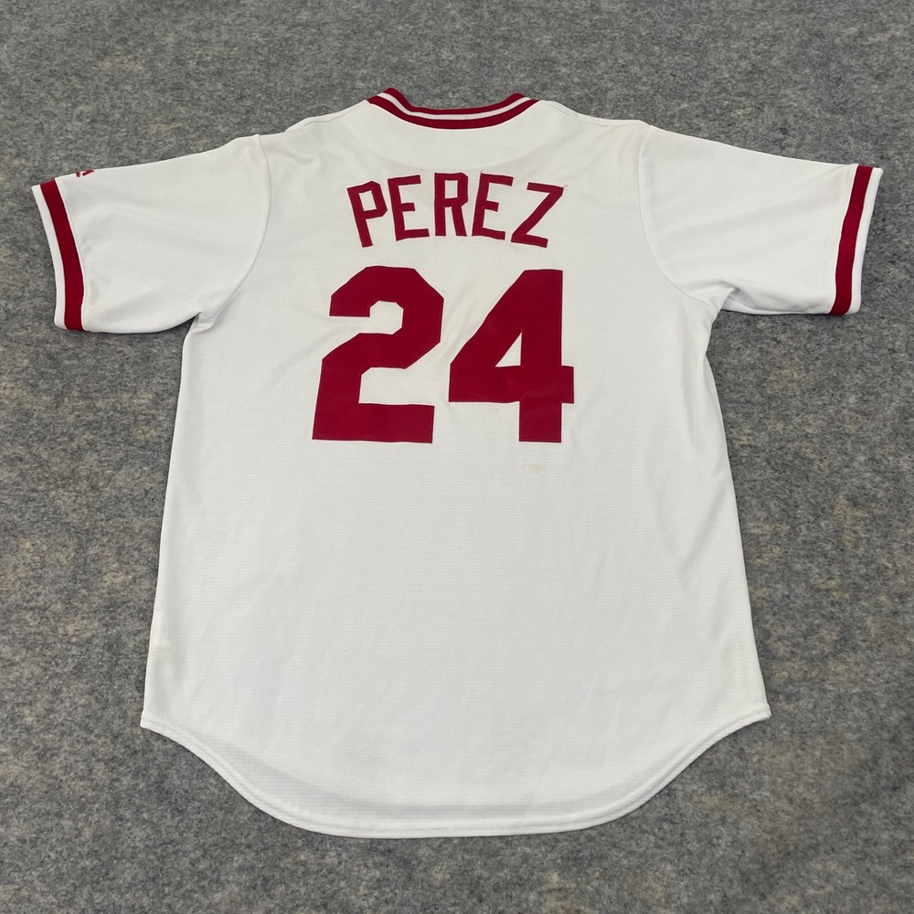 Majestic Tony Perez Cincinnati Reds Jersey #24 White/Red Cooperstown Mens Medium